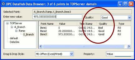 Image of DataHub Browser, showing the quality of points from an OPC server.